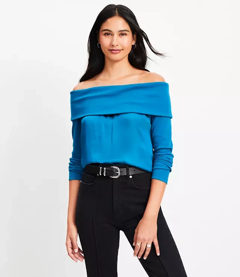 Petite Charmeuse Off The Shoulder Mixed Media Top