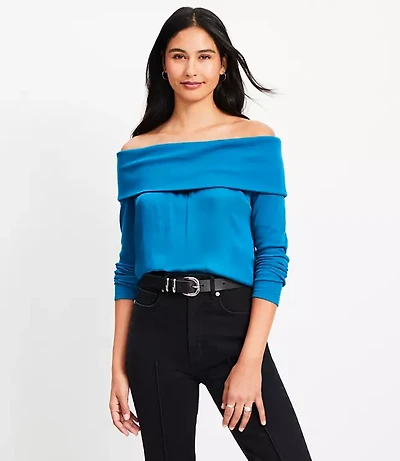 Petite Charmeuse Off The Shoulder Mixed Media Top