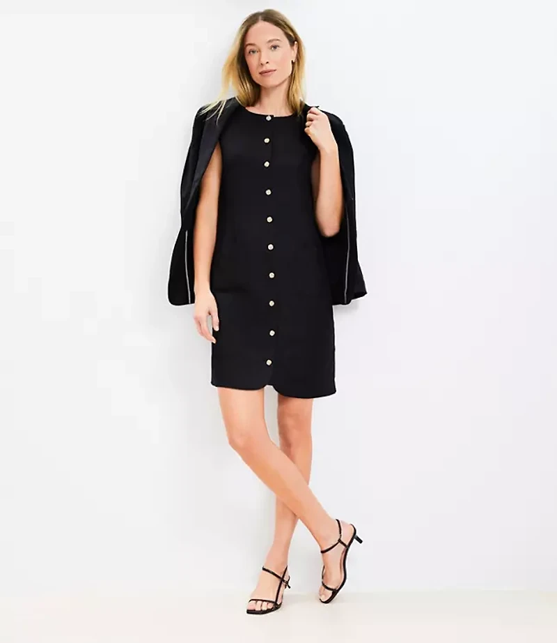 Linen Blend Button Mini Pocket Dress