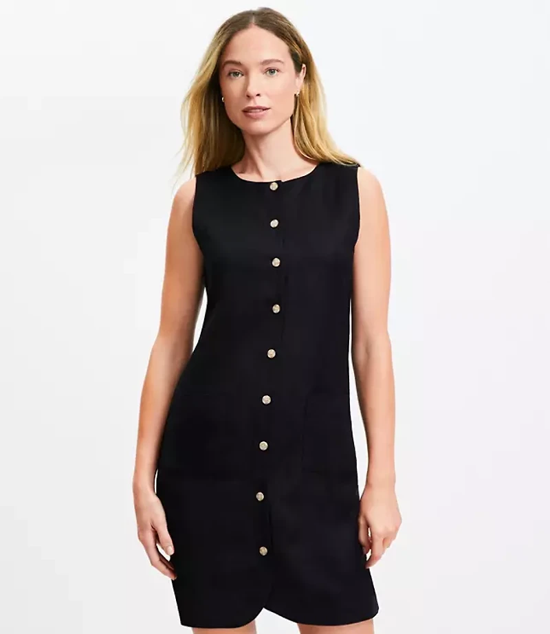 Linen Blend Button Mini Pocket Dress