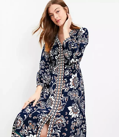 Border Floral V-Neck Midi Dress