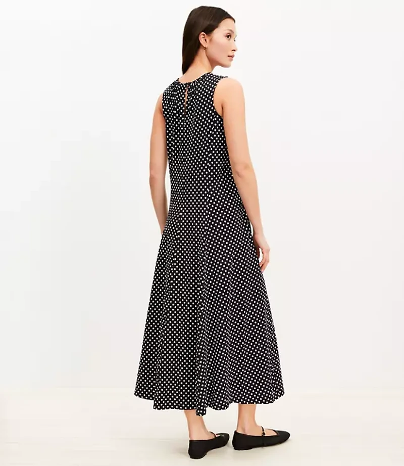 Dotted Cinched Front Tie Midi Dress