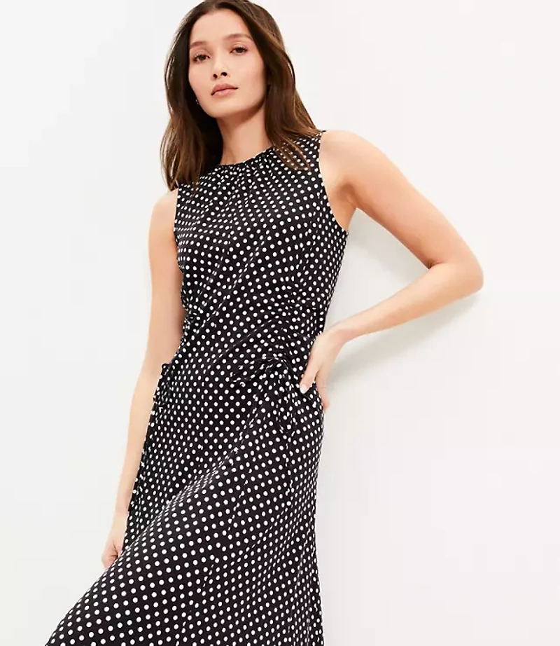 Dotted Cinched Front Tie Midi Dress