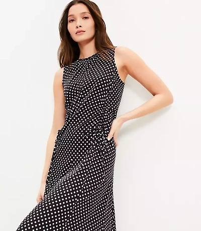 Dotted Cinched Front Tie Midi Dress