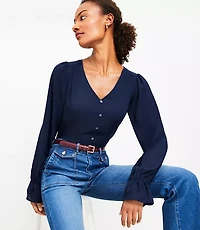 Mixed Media Ruffle Cuff V-Neck Top