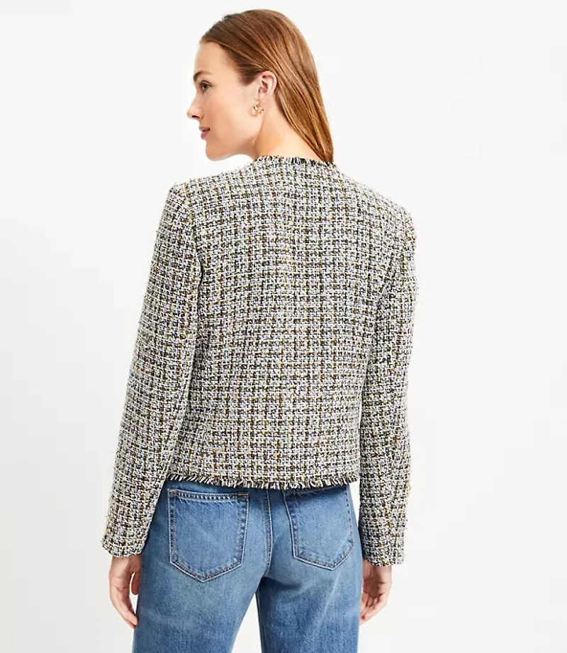 Metallic Fringe Tweed Collarless Jacket