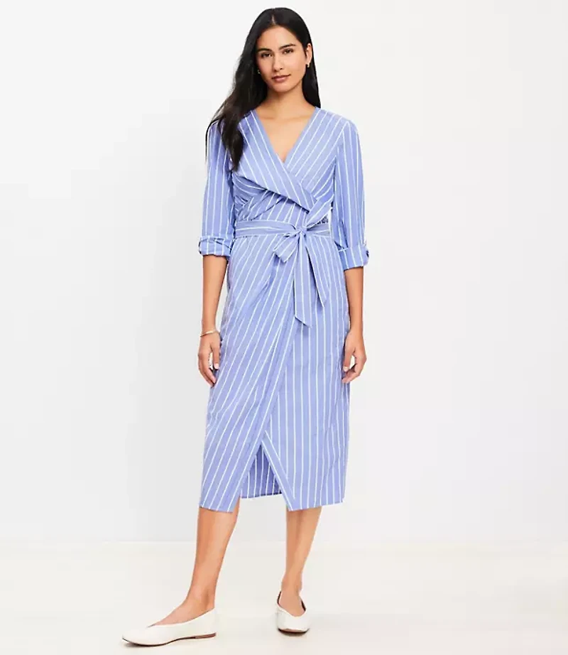 Stripe Twisted Midi Wrap Dress