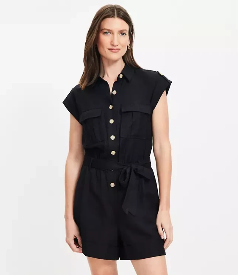 Linen Blend Tie Waist Romper