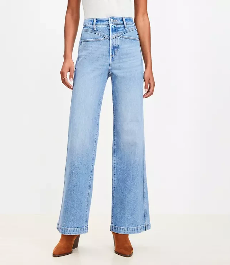 Petite Double Yoke High Rise Wide Leg Jeans Light Wash