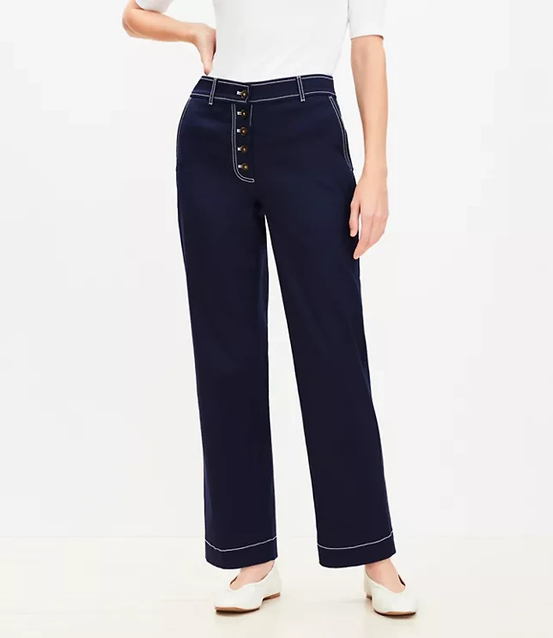 Petite Button Front Straight Pants Twill