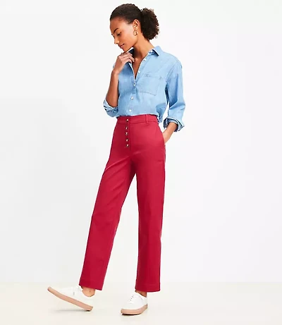 Petite Button Front Straight Pants Twill