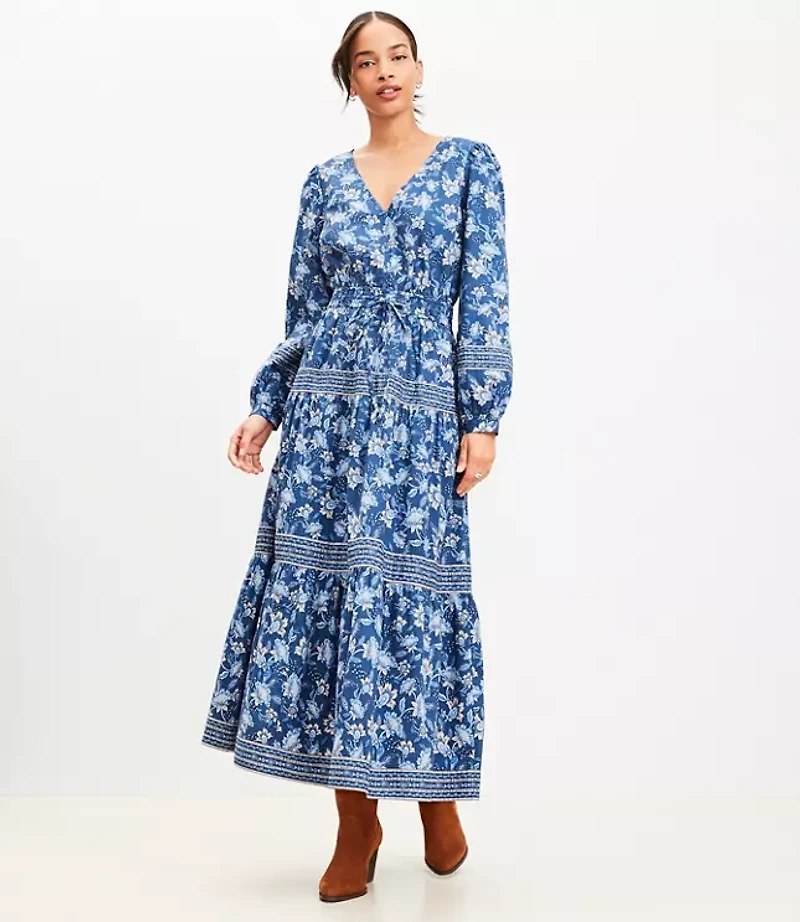 Petite Floral Smocked Tie Waist Midi Dress
