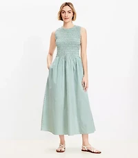 Striped Poplin Smocked Midi Pocket Dress