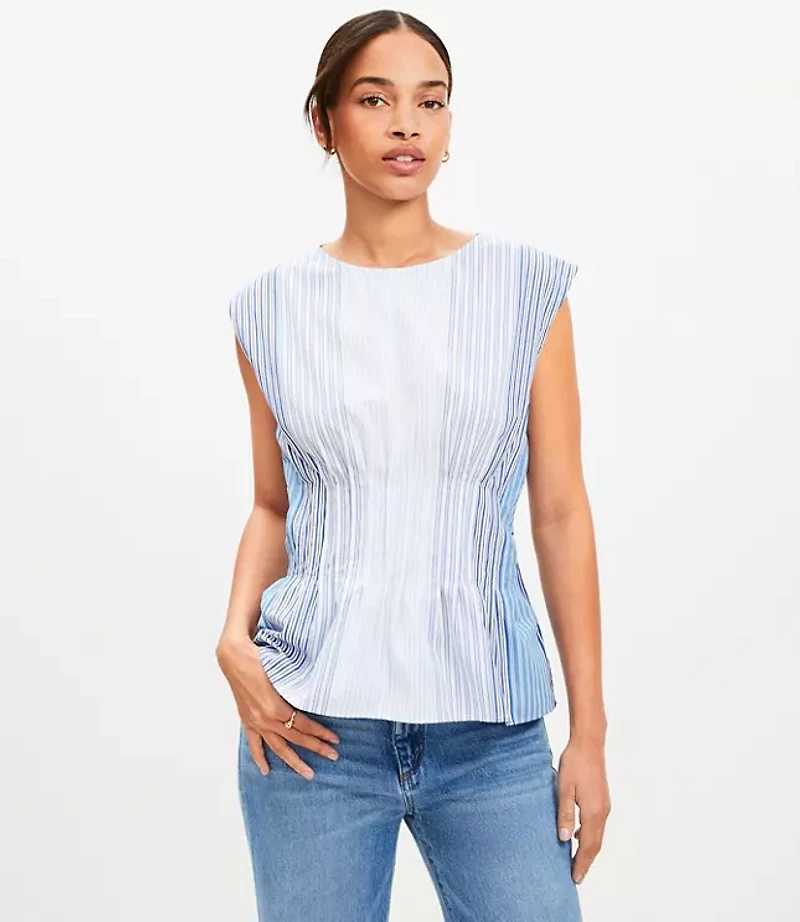 Petite Striped Pleated Peplum Top