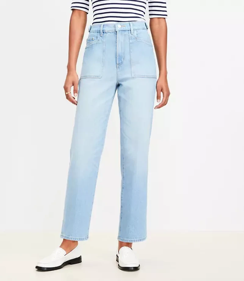 Petite Tab Waist High Rise Straight Jeans in Bright Mid Indigo Wash