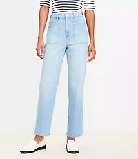 Petite Tab Waist High Rise Straight Jeans in Bright Mid Indigo Wash