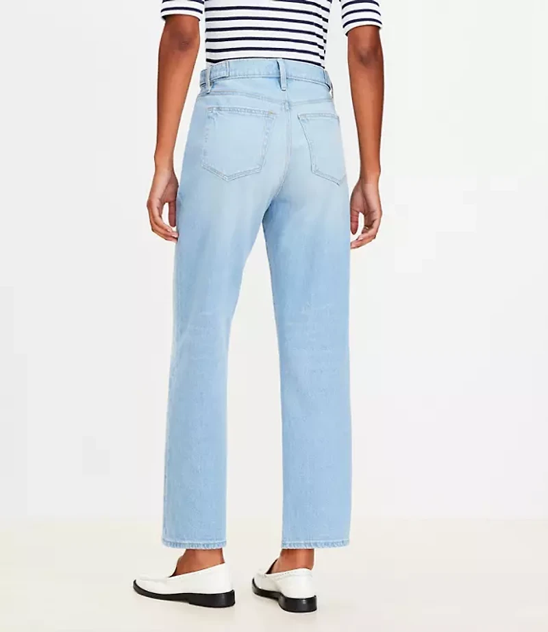 Petite Tab Waist High Rise Straight Jeans in Bright Mid Indigo Wash