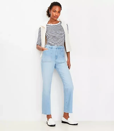 Petite Tab Waist High Rise Straight Jeans in Bright Mid Indigo Wash