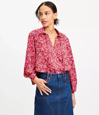 Petite Floral Seamed Sleeve Tie Neck Blouse