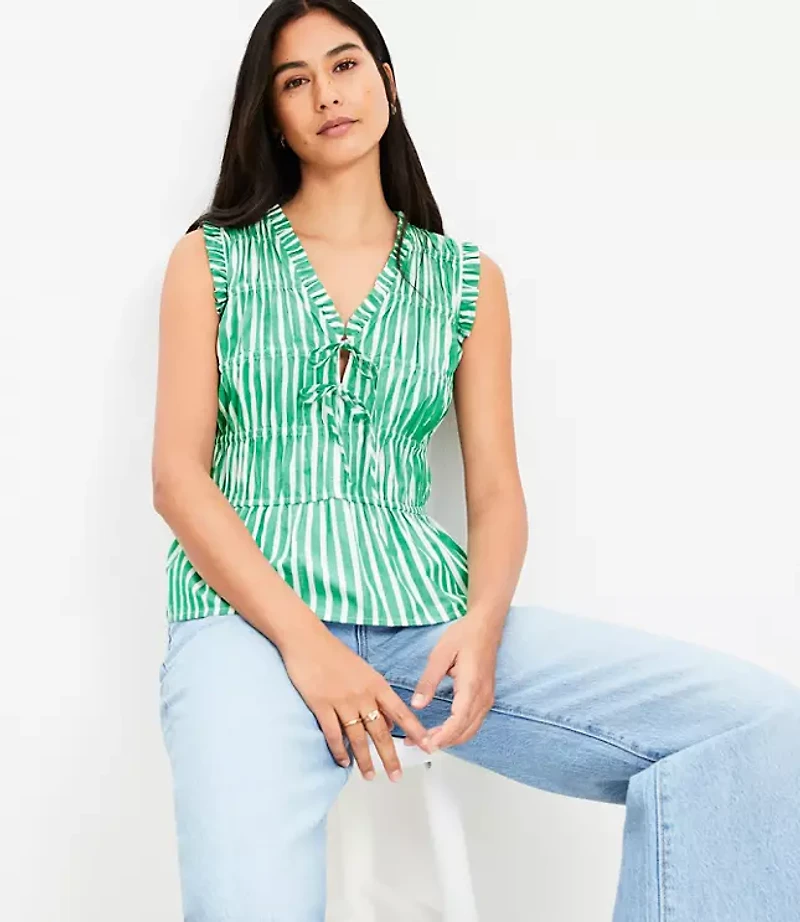 Striped Poplin Bow Peplum Shell