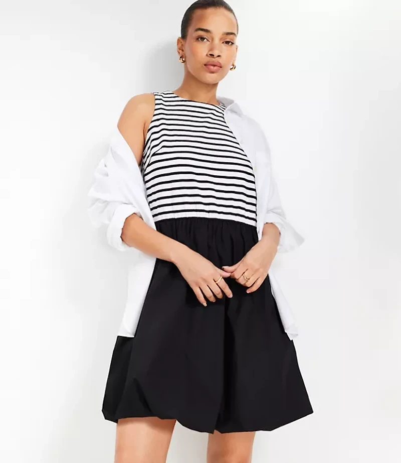 Striped Mixed Media Bubble Hem Mini Dress
