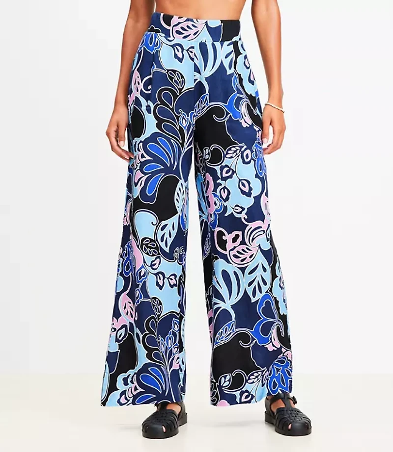 LOFT Beach Floral Linen Blend Wide Leg Pants