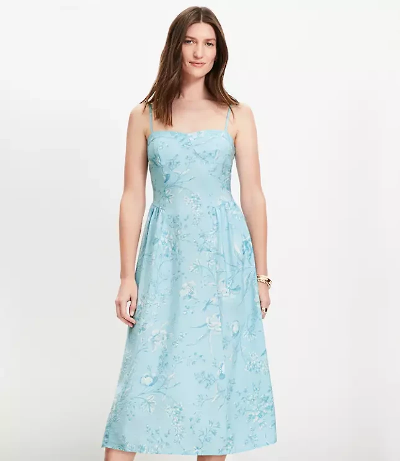 Bird Toile Sweetheart Strappy Midi Dress