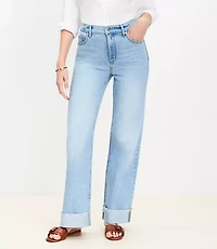 Petite Curvy Flip Cuff High Rise Wide Leg Jeans in Light Wash