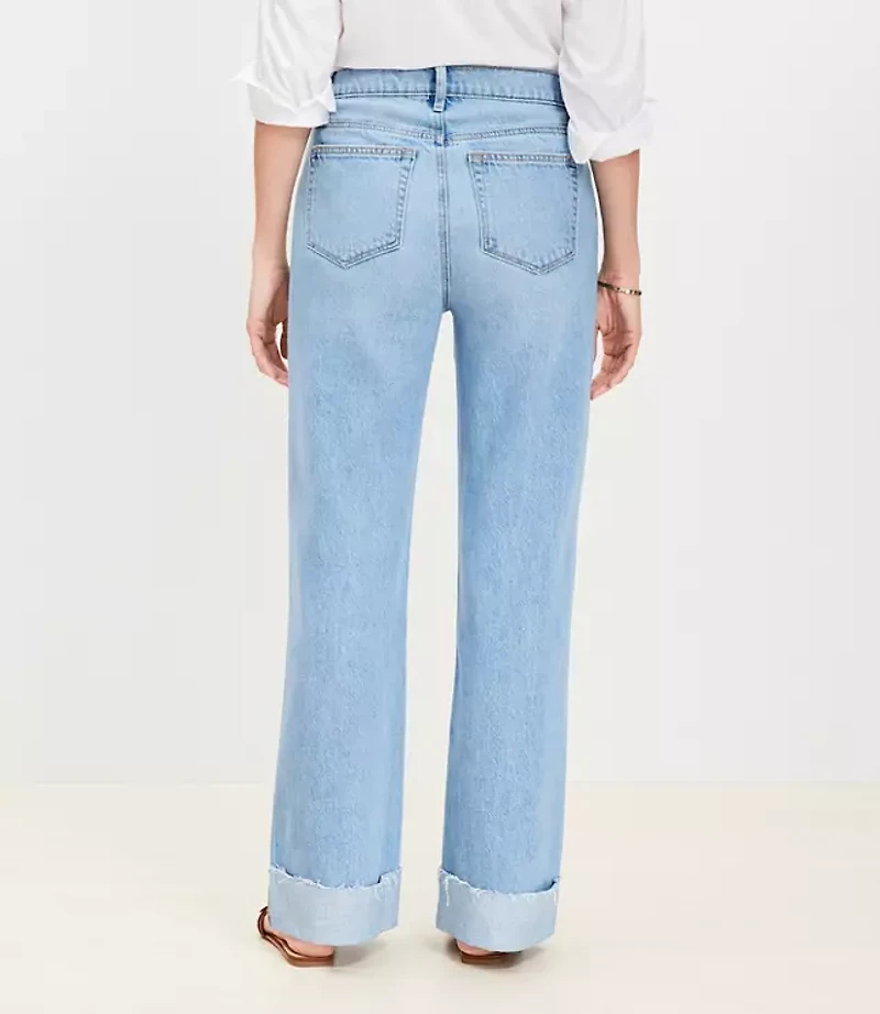 Petite Curvy Flip Cuff High Rise Wide Leg Jeans in Light Wash