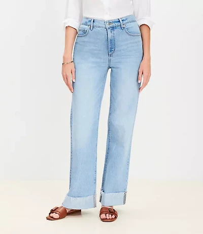 Petite Curvy Flip Cuff High Rise Wide Leg Jeans in Light Wash
