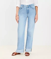 Petite Curvy Flip Cuff High Rise Wide Leg Jeans in Light Wash