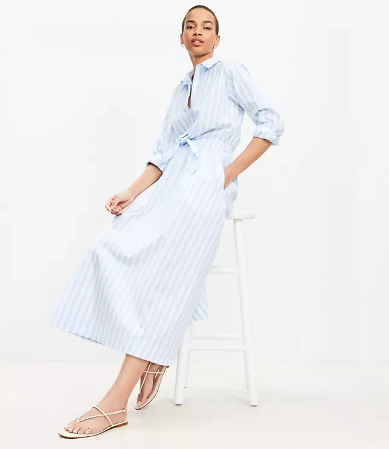Striped Poplin Tie Front Pocket Shirtdress