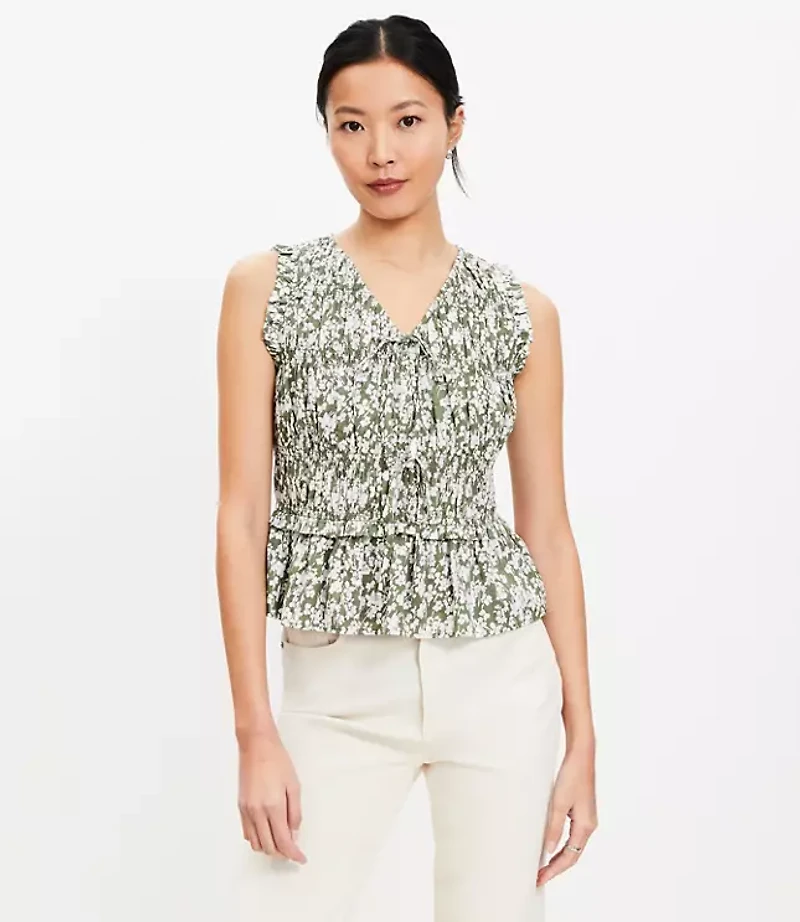 Floral Tie Smocked Peplum Shell