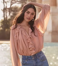 Chiffon Ruffle Tie Cuff Blouse