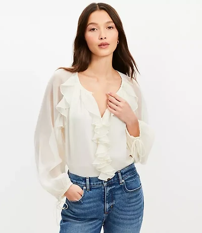 Chiffon Ruffle Tie Cuff Blouse