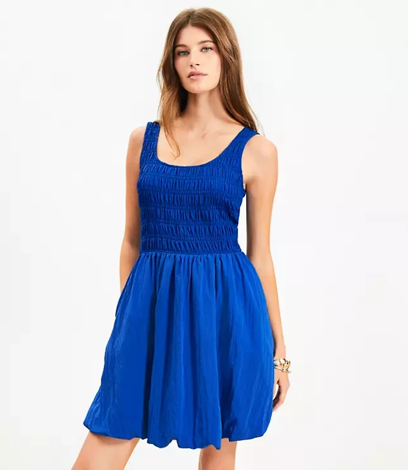 Smocked Scoop Neck Mini Pocket Dress