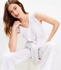 Petite Striped Tie Front Linen Blend Jumpsuit