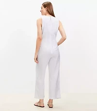 Petite Striped Tie Front Linen Blend Jumpsuit
