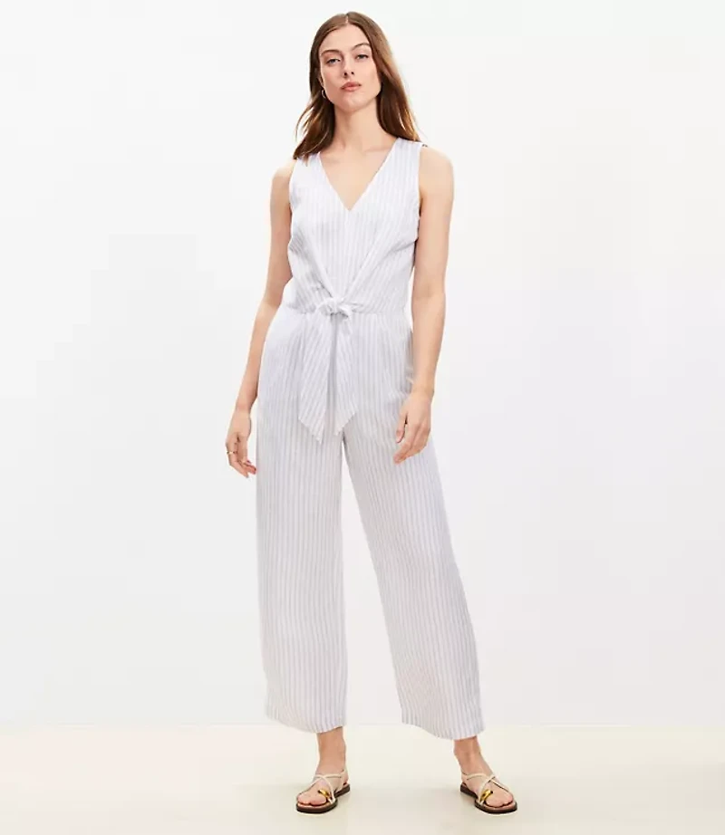 Petite Striped Tie Front Linen Blend Jumpsuit