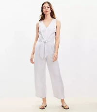 Petite Striped Tie Front Linen Blend Jumpsuit
