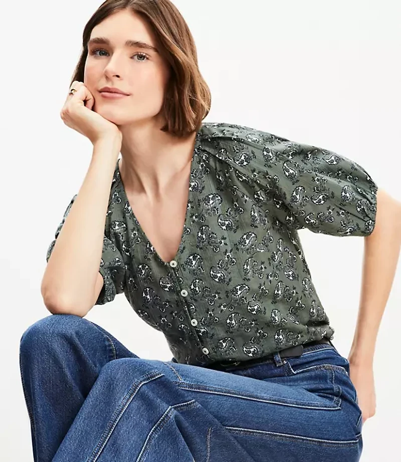 Paisley Bubble Sleeve Mixed Media Blouse