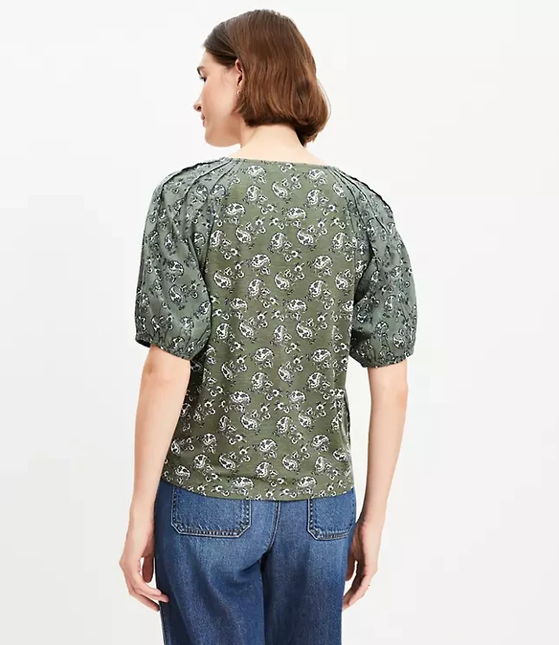 Paisley Bubble Sleeve Mixed Media Blouse