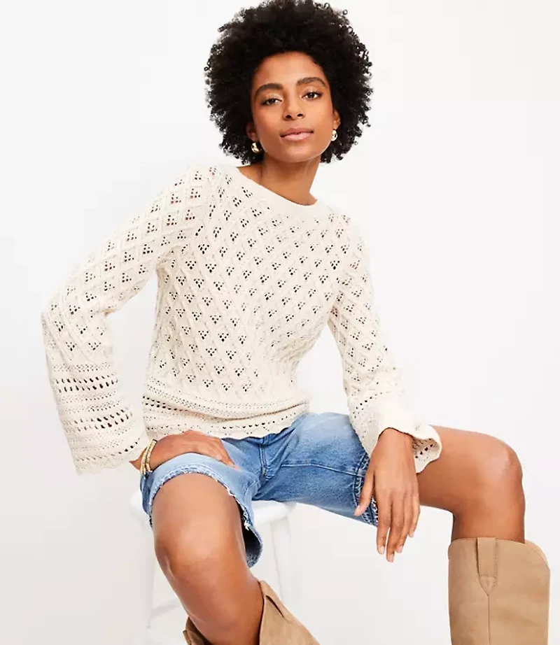 Petite Mixed Pointelle Wide Sleeve Boatneck Sweater