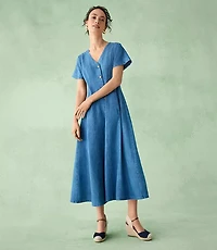 Chambray V-Neck Midi Pocket Dress