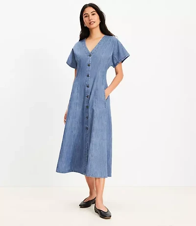 Chambray V-Neck Midi Pocket Dress