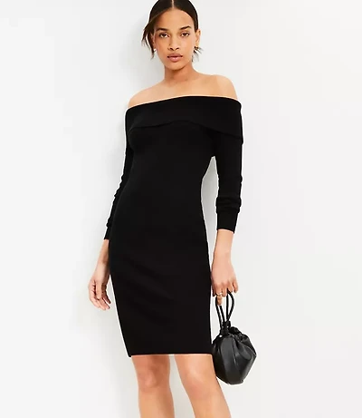 Petite Ribbed Off The Shoulder Mini Sweater Dress