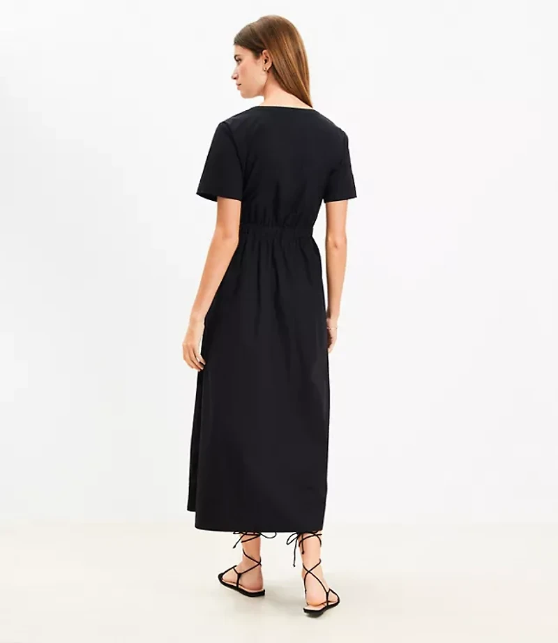 Poplin Lace Up Midi Pocket Dress