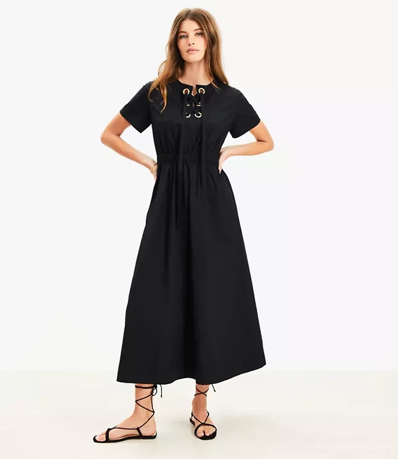 Poplin Lace Up Midi Pocket Dress