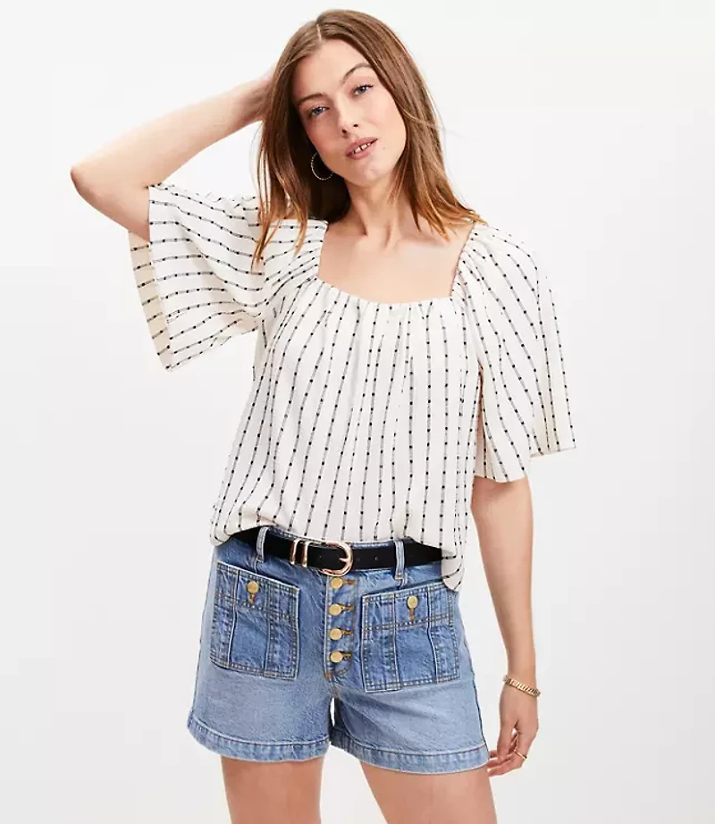 Petite Dot Stripe Flutter Square Neck Top