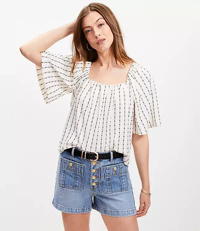 Petite Dot Stripe Flutter Square Neck Top